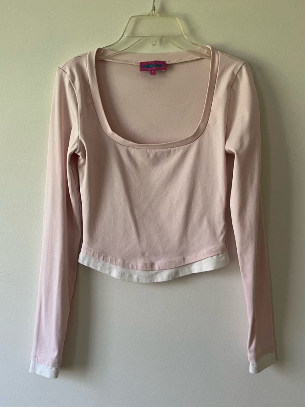 Edikted Layered Long Sleeve Shirt Small Baby Pink Cropped Square Neck